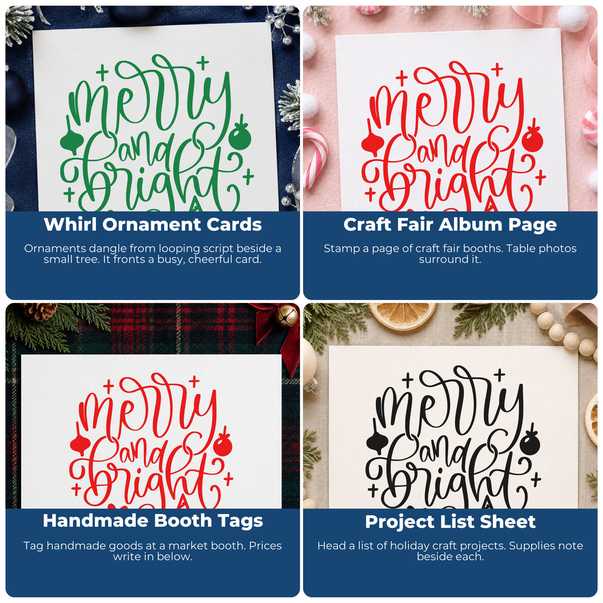 Four ways to use the Merry And Bright Ornaments Tree Motif Pre-Inked Stamp – PSI: whirl ornament cards, craft fair album page, handmade booth tags and project list sheet.