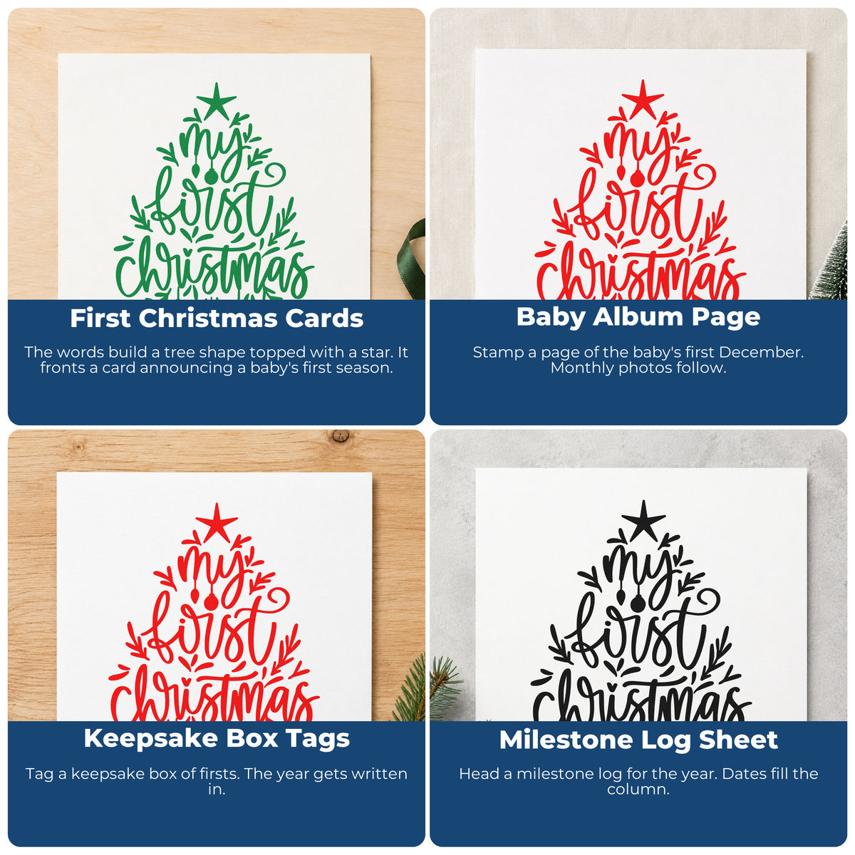 Four ways to use the Slim Pre-Inked My First Christmas Tree Ornaments Stamp: first christmas cards, baby album page, keepsake box tags and milestone log sheet.