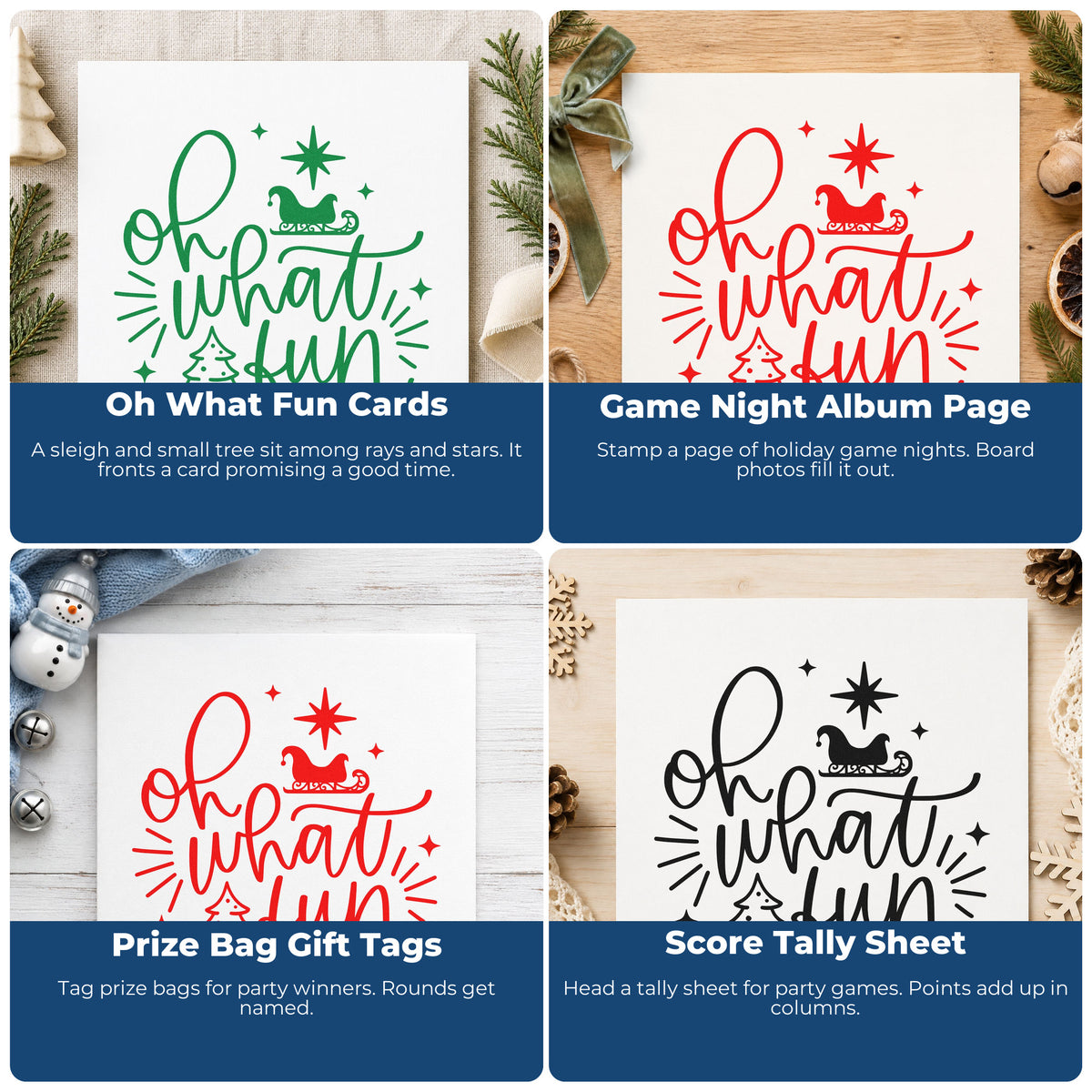 Four ways to use the Premium Wooden Oh What Fun Sleigh Tree With Stars Stamp - Vintage Pro: oh what fun cards, game night album page, prize bag gift tags and score tally sheet.