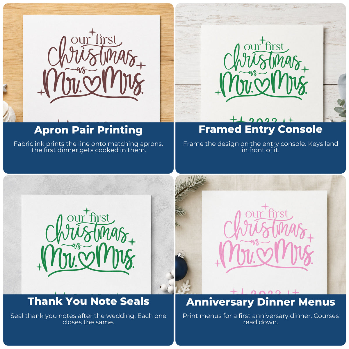 Four ways to use the Our First Christmas As Mr. & Mrs Stamp - Premium Vintage Pro Wooden: apron pair printing, framed entry console, thank you note seals and anniversary dinner menus.