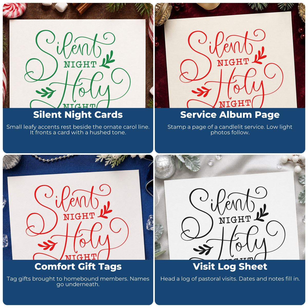 Four ways to use the Wood Handle Silent Night Holy Night Rubber Stamp: silent night cards, service album page, comfort gift tags and visit log sheet.