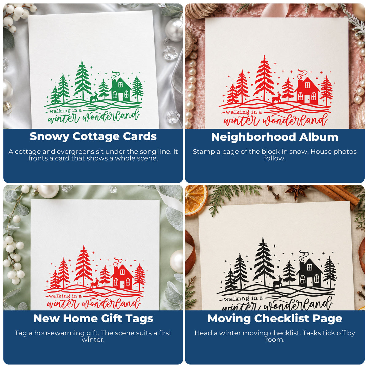 Four ways to use the Walking Winter Wonderland Cottage Stamp – Self-Inking: snowy cottage cards, neighborhood album, new home gift tags and moving checklist page.