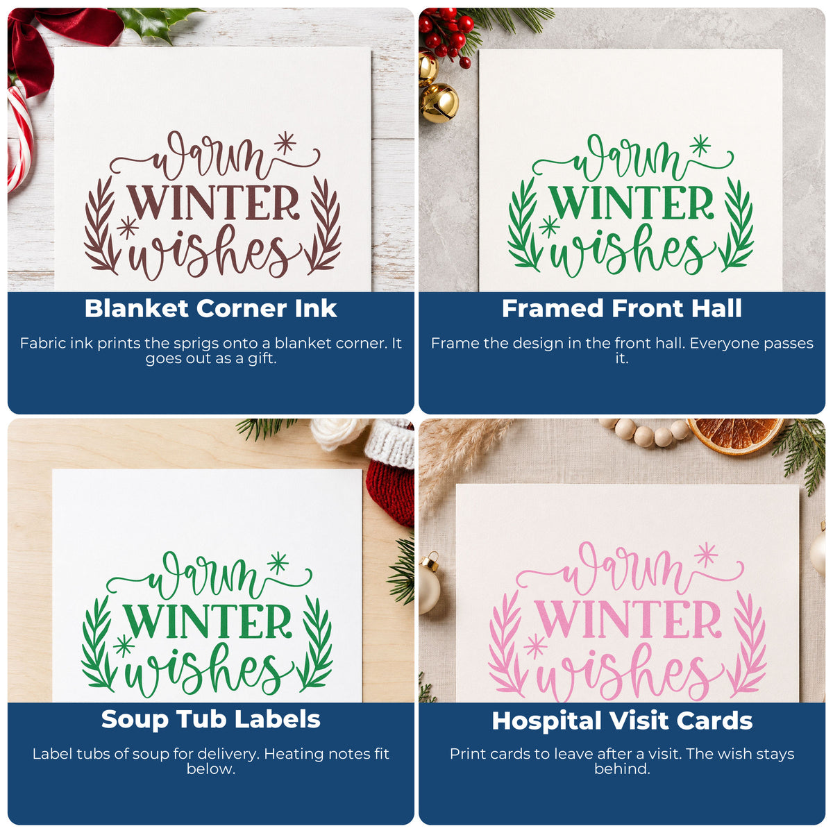 Four ways to use the Warm Winter Wishes Pine Motif Pre-Inked Stamp – PSI: blanket corner ink, framed front hall, soup tub labels and hospital visit cards.