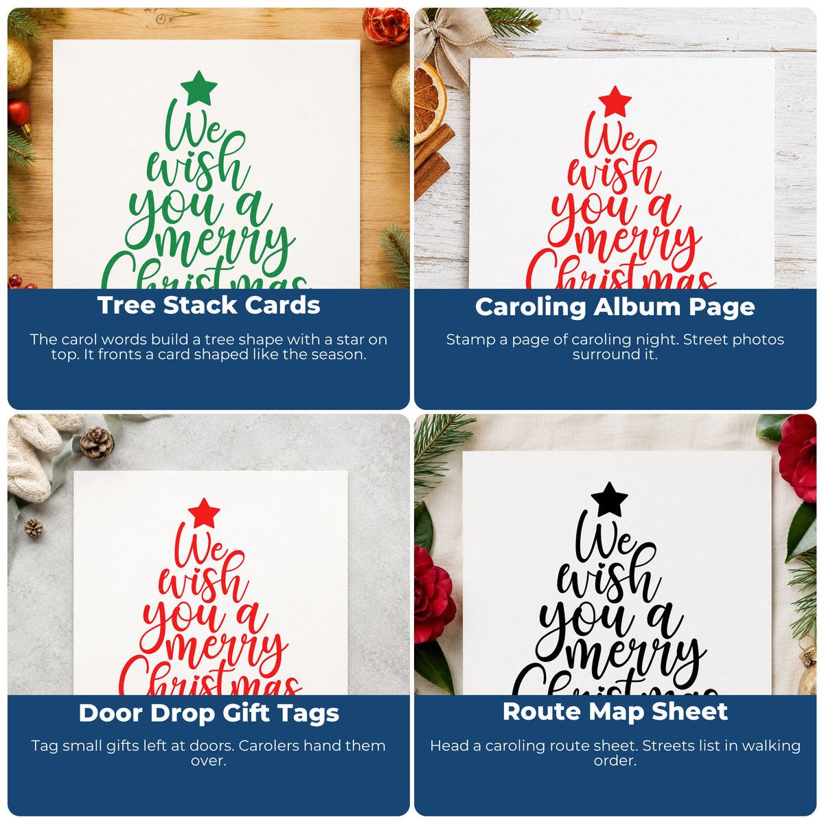 Four ways to use the Wood Handle We Wish Merry Christmas Tree Rubber Stamp: tree stack cards, caroling album page, door drop gift tags and route map sheet.