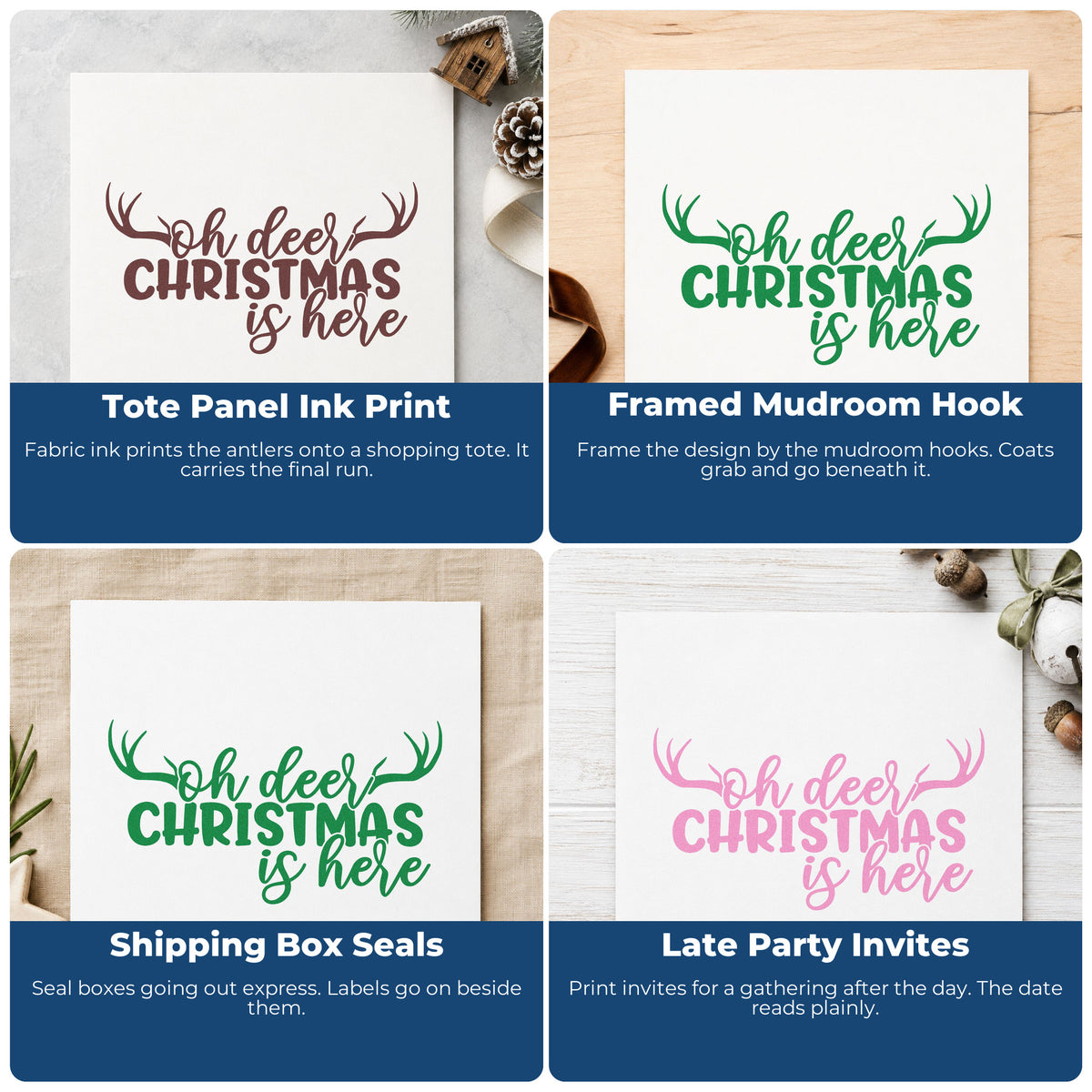 Four ways to use the Oh Deer Christmas Is Here Antlers Stamp – PSI Pre-Inked: tote panel ink print, framed mudroom hook, shipping box seals and late party invites.
