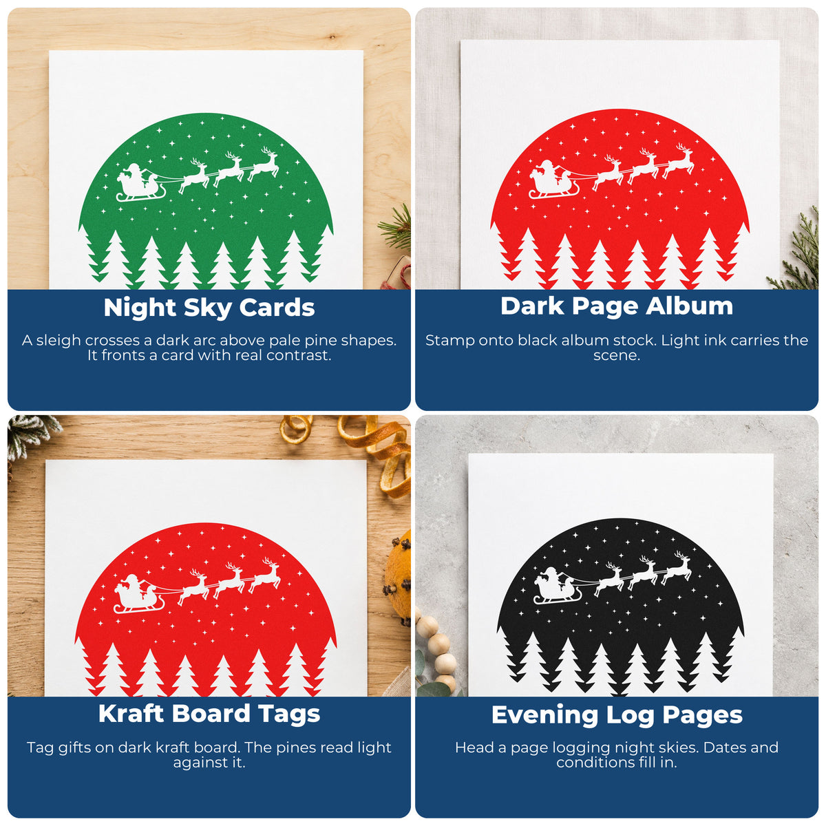 Four ways to use the Santa Sleigh Snowy Forest Circle Stamp – Slim Pre-Inked: night sky cards, dark page album, kraft board tags and evening log pages.