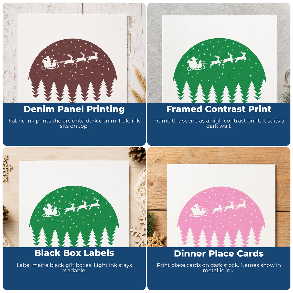 Four ways to use the Santa Sleigh Snowy Forest Circle Hand Stamp – Duo: denim panel printing, framed contrast print, black box labels and dinner place cards.