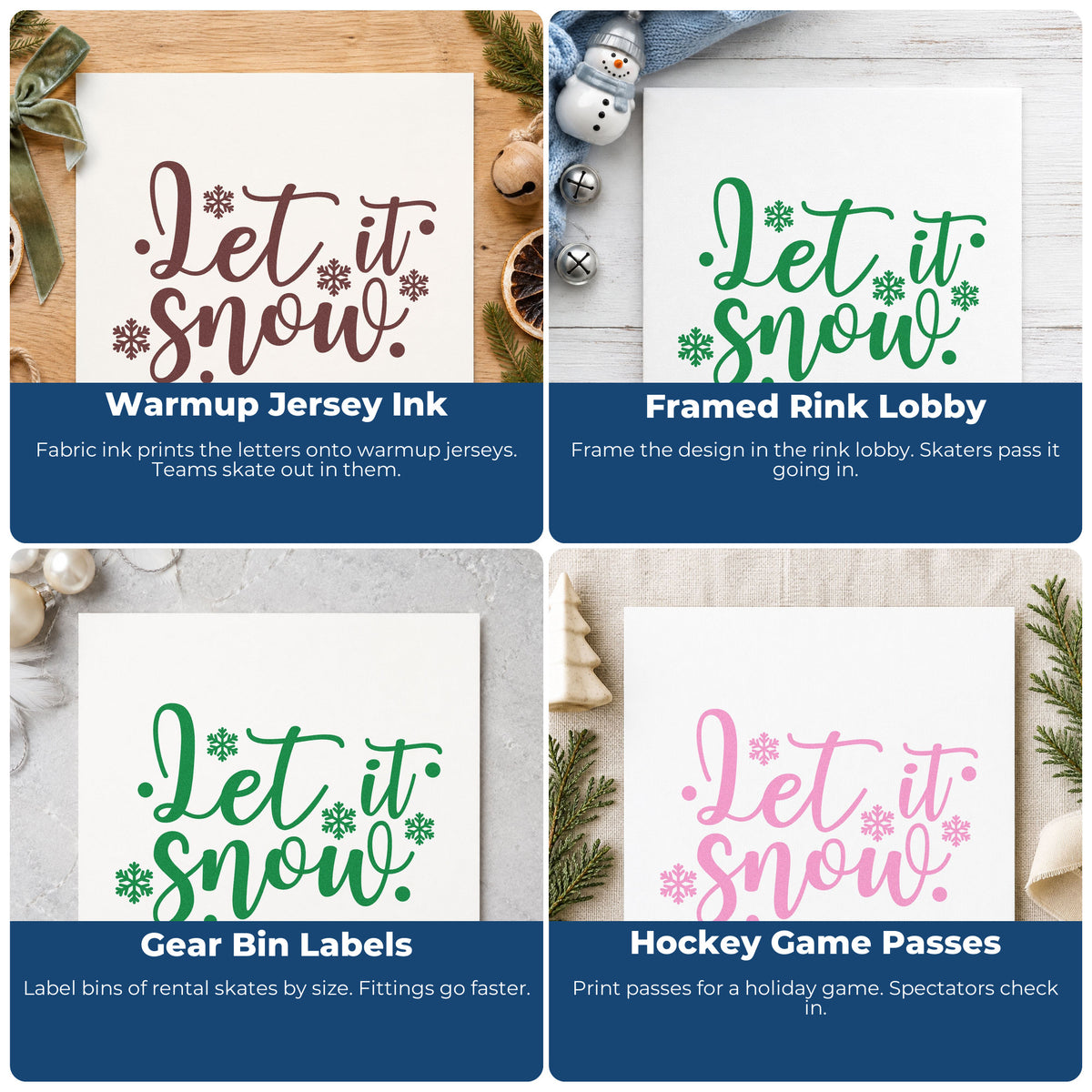Four ways to use the Let It Snow Snowflakes Lettering Wood Handle Stamp: warmup jersey ink, framed rink lobby, gear bin labels and hockey game passes.
