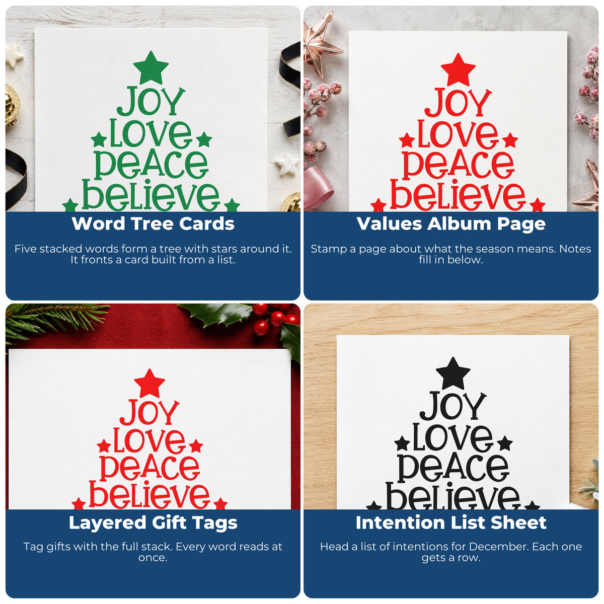 Four ways to use the Joy Love Peace Christmas Tree With Stars Slim Pre-Inked Stamp: word tree cards, values album page, layered gift tags and intention list sheet.