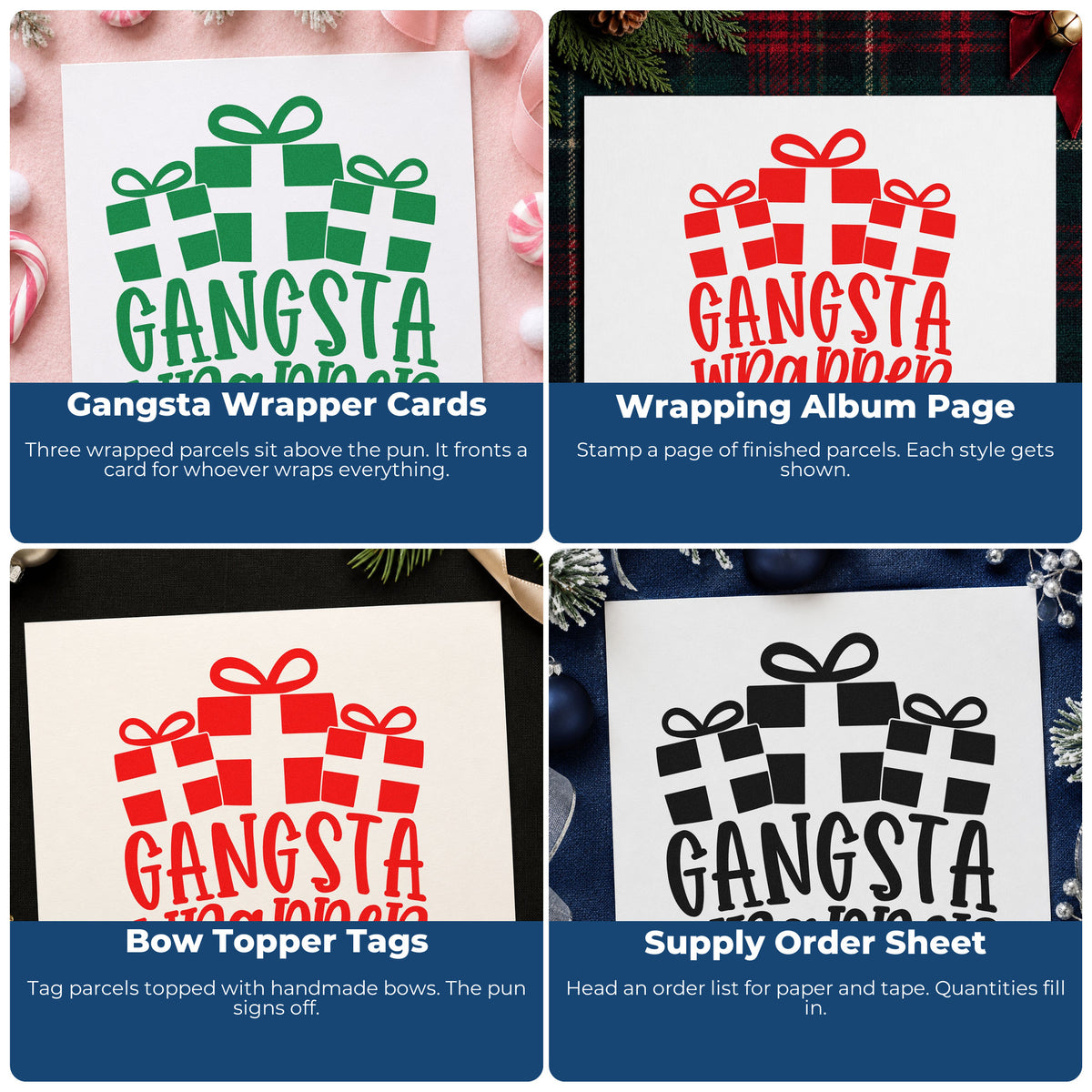 Four ways to use the Gangsta Wrapper Presents Gift Box Pre-Inked Stamp – PSI: gangsta wrapper cards, wrapping album page, bow topper tags and supply order sheet.