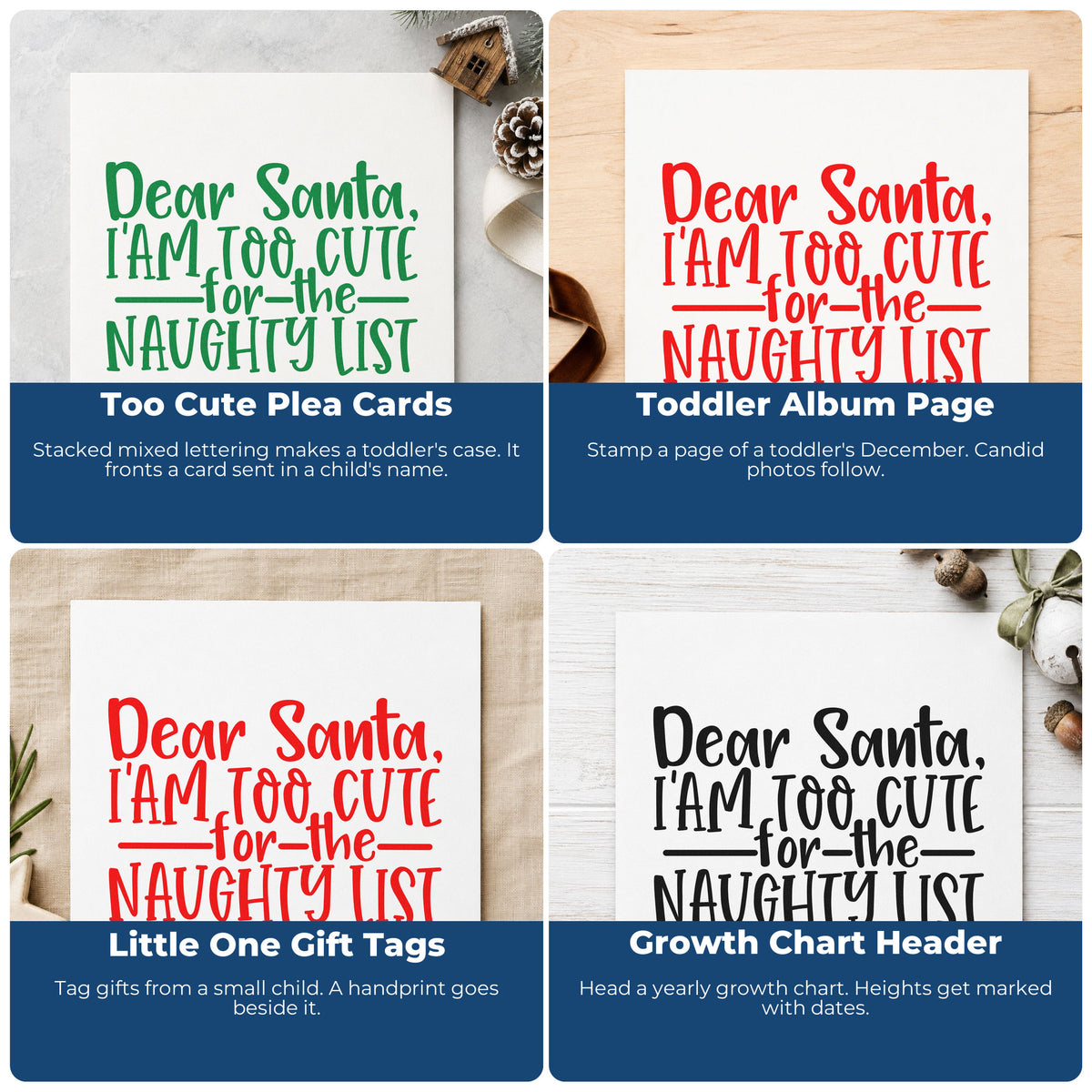 Four ways to use the Dear Santa Naughty List Word Art Pre-Inked Stamp – PSI: too cute plea cards, toddler album page, little one gift tags and growth chart header.