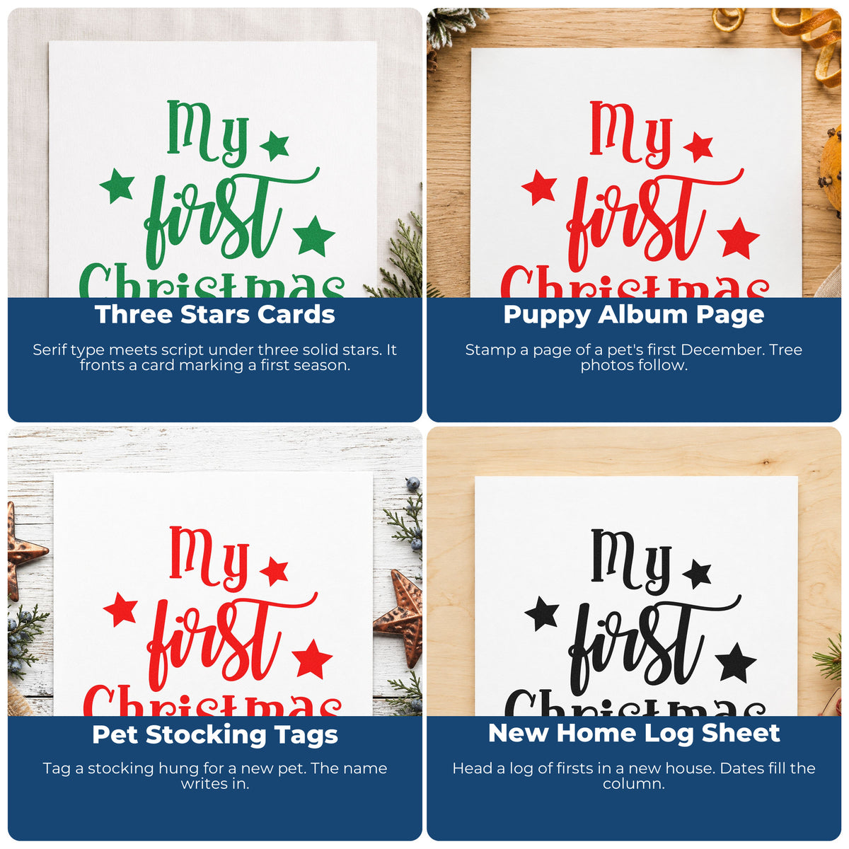 Four ways to use the My First Christmas Stars Slim Pre-Inked Stamp: three stars cards, puppy album page, pet stocking tags and new home log sheet.