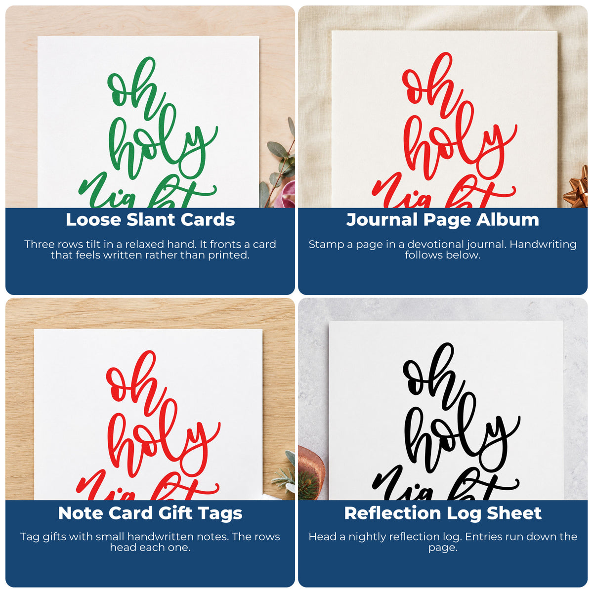 Four ways to use the Oh Holy Night Script Hand Stamp – Duo: loose slant cards, journal page album, note card gift tags and reflection log sheet.