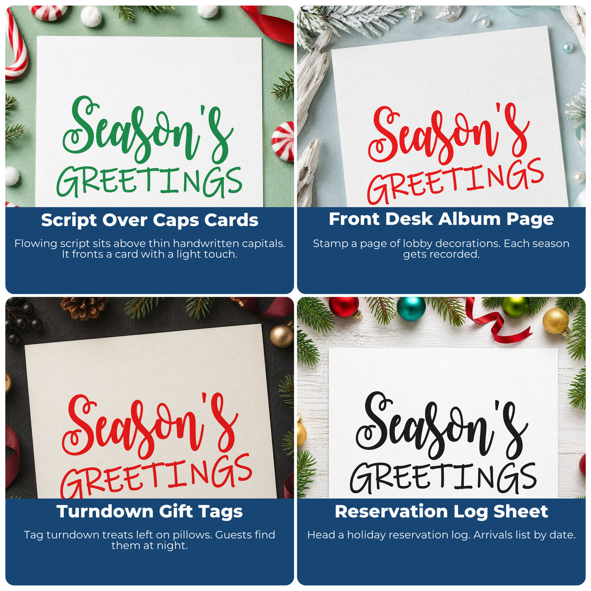 Four ways to use the Season's Greetings Mixed Word Art Stamp – Duo Hand: script over caps cards, front desk album page, turndown gift tags and reservation log sheet.