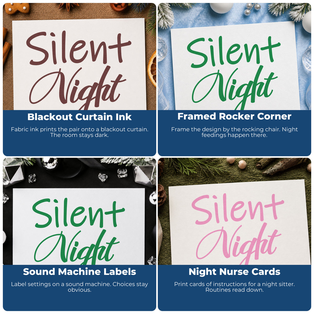 Four ways to use the Silent Night Mixed Script Stamp – Self-Inking: blackout curtain ink, framed rocker corner, sound machine labels and night nurse cards.
