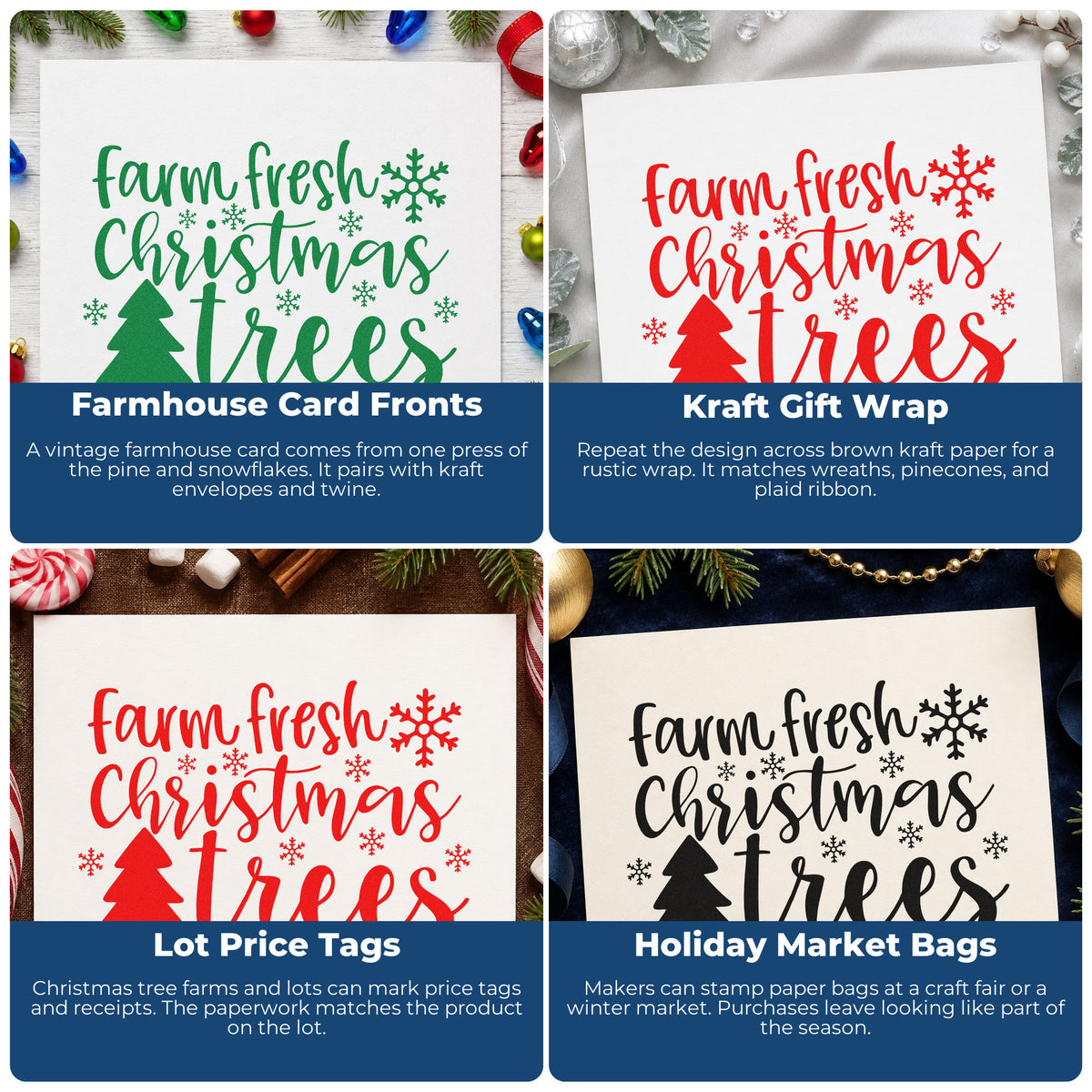 Four ways to use the Slim Pre-Inked Farm Fresh Christmas Trees Pine Motif Stamp: farmhouse card fronts, kraft gift wrap, lot price tags and holiday market bags.
