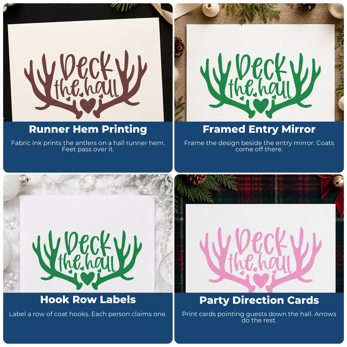Four ways to use the Deck The Hall Antlers With Hearts Pre-Inked Stamp – PSI: runner hem printing, framed entry mirror, hook row labels and party direction cards.