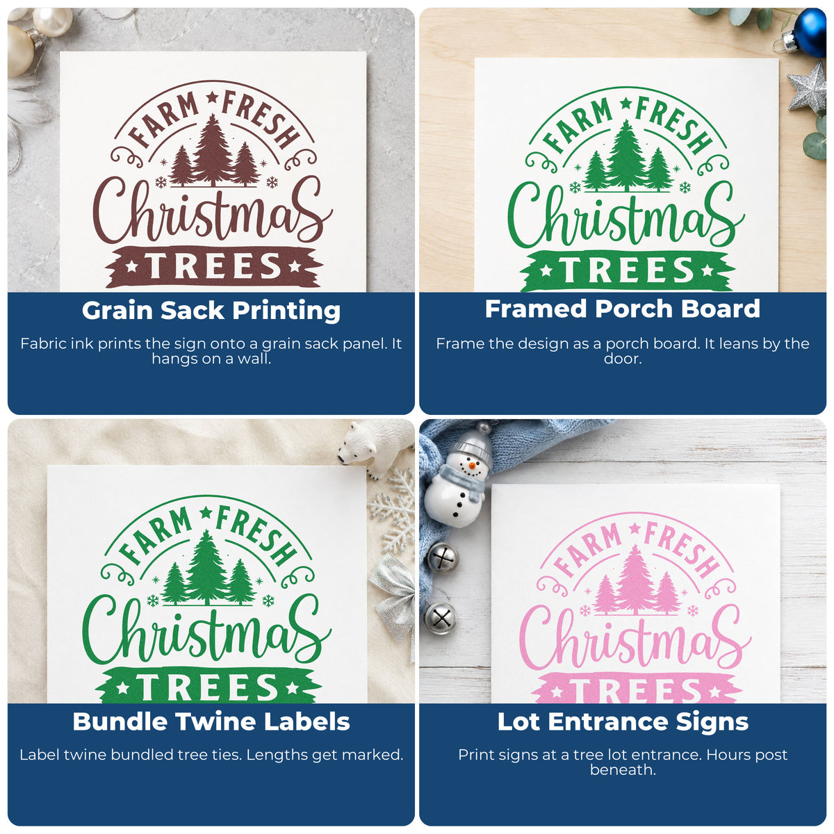 Four ways to use the Farm Fresh Christmas Tree Sign Ribbon Lettering Stamp – PSI Pre-Inked: grain sack printing, framed porch board, bundle twine labels and lot entrance signs.