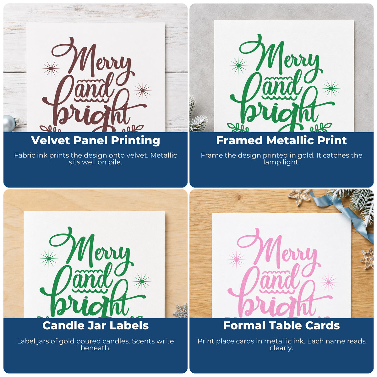 Four ways to use the Merry And Bright Flourish PSI Pre-Inked Stamp: velvet panel printing, framed metallic print, candle jar labels and formal table cards.