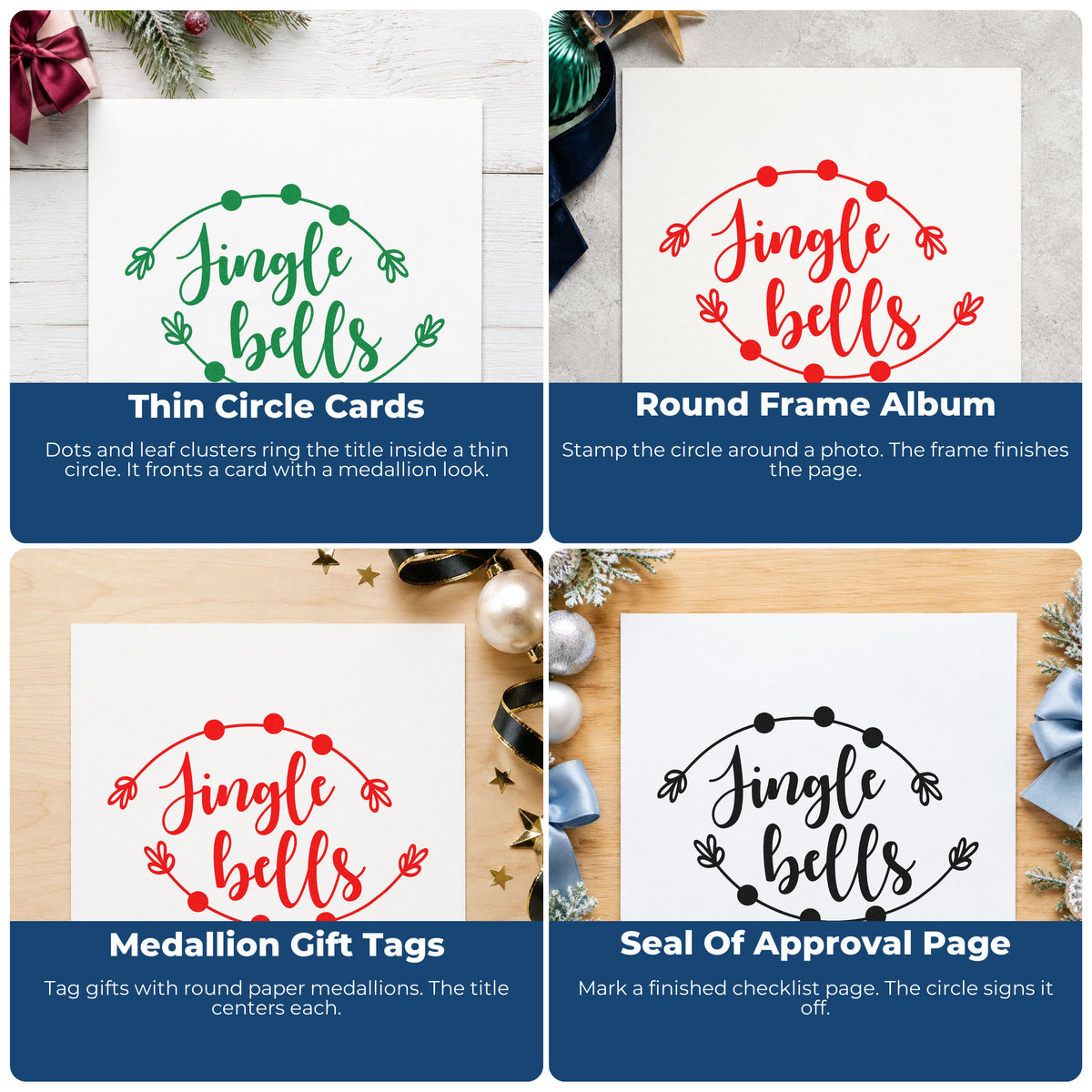 Four ways to use the Jingle Bells Round Branch Frame Premium Wood-Mounted Stamp - Vintage Pro: thin circle cards, round frame album, medallion gift tags and seal of approval page.