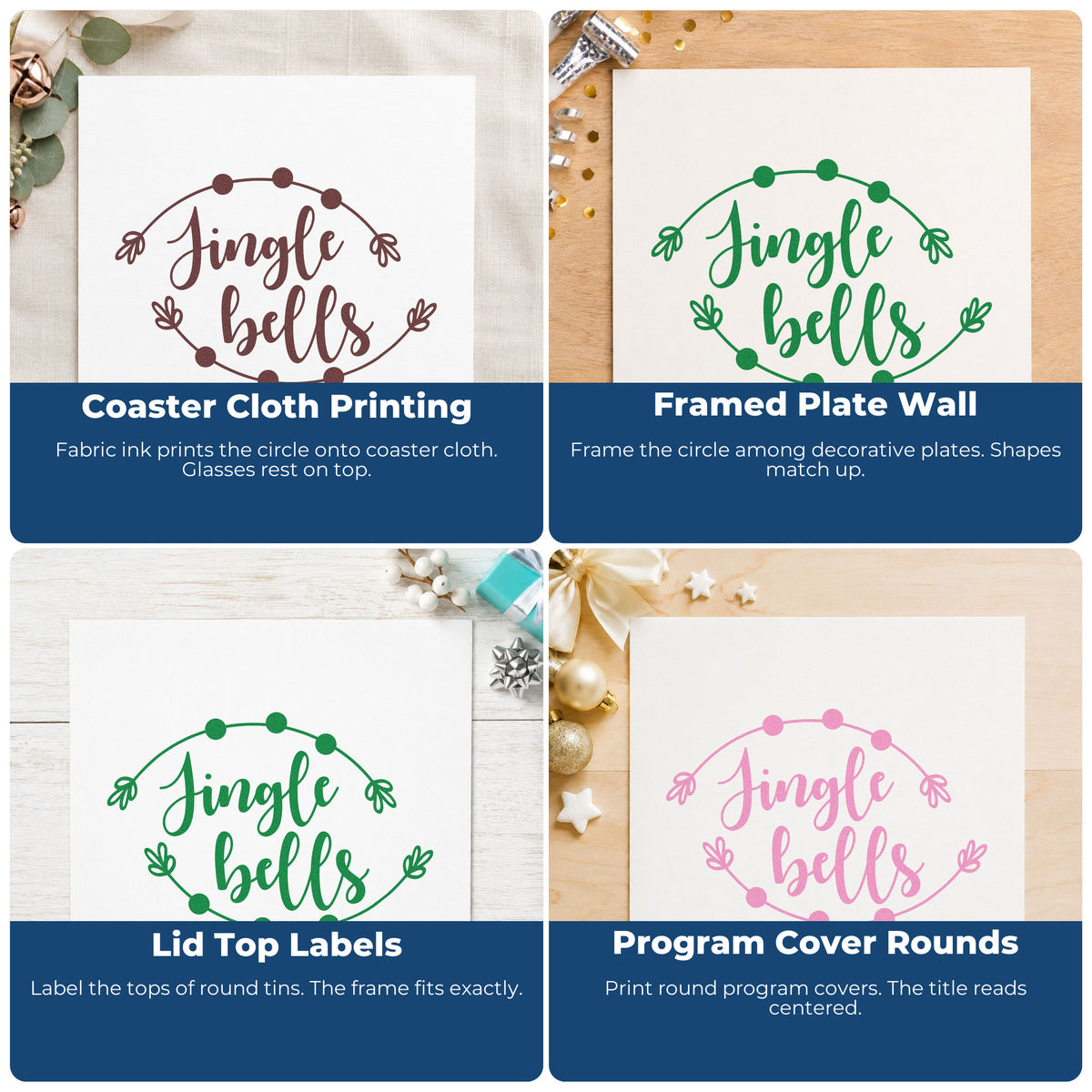 Four ways to use the Jingle Bells Round Branch Frame Hand Stamp – Duo: coaster cloth printing, framed plate wall, lid top labels and program cover rounds.