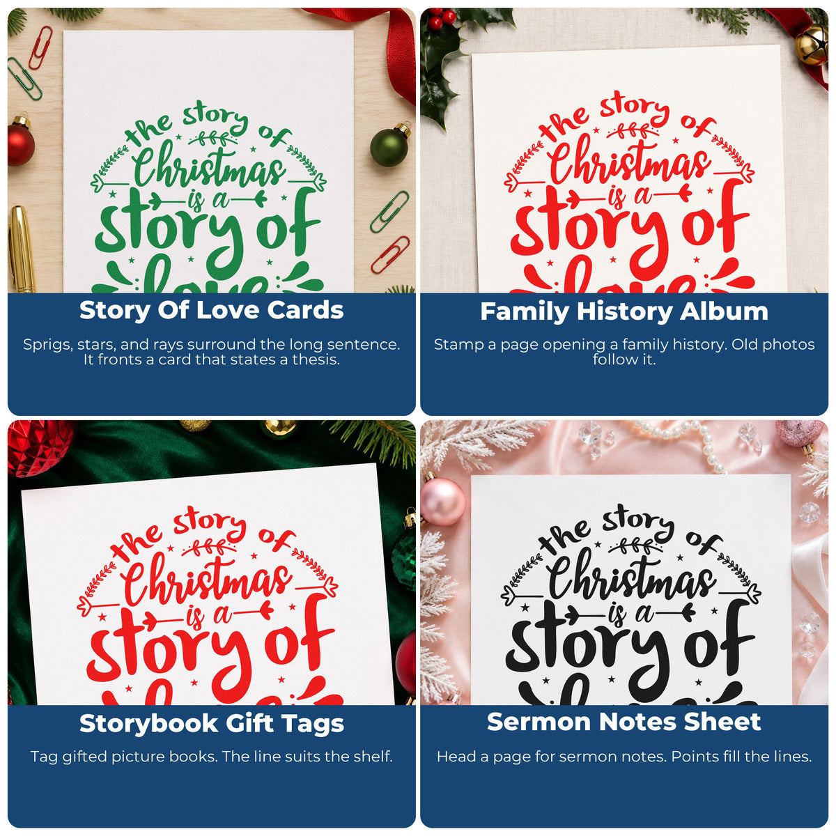 Four ways to use the The Story Of Christmas Is A Story Of Love Craft Stamp – Self-Inking: story of love cards, family history album, storybook gift tags and sermon notes sheet.