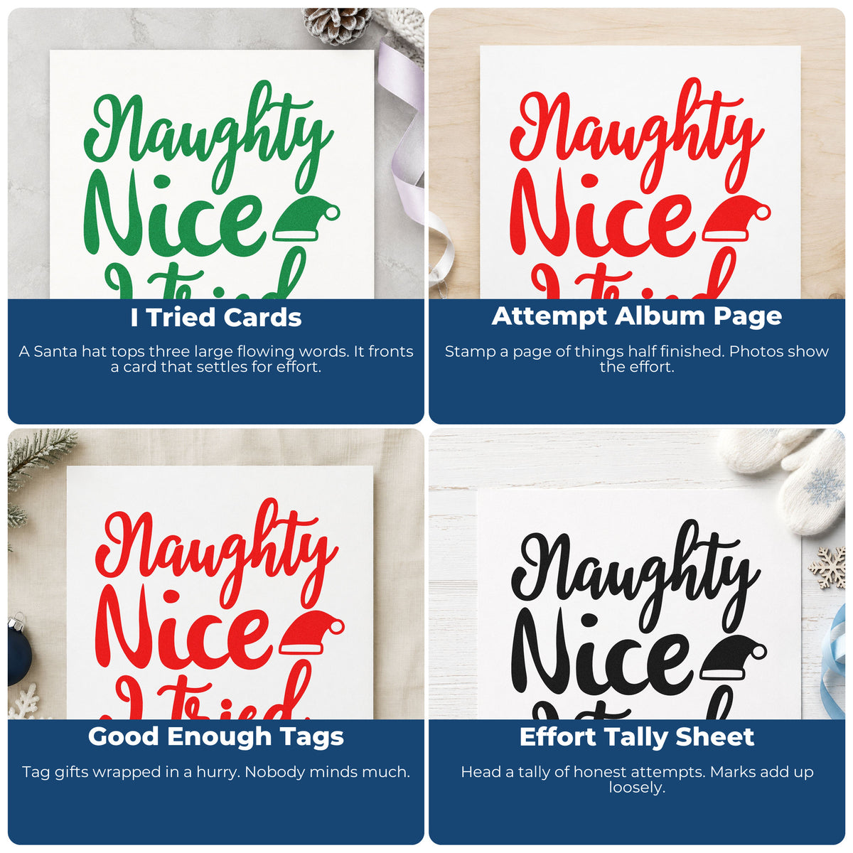 Four ways to use the Naughty Nice I Tried Hat Duo Hand Stamp: i tried cards, attempt album page, good enough tags and effort tally sheet.