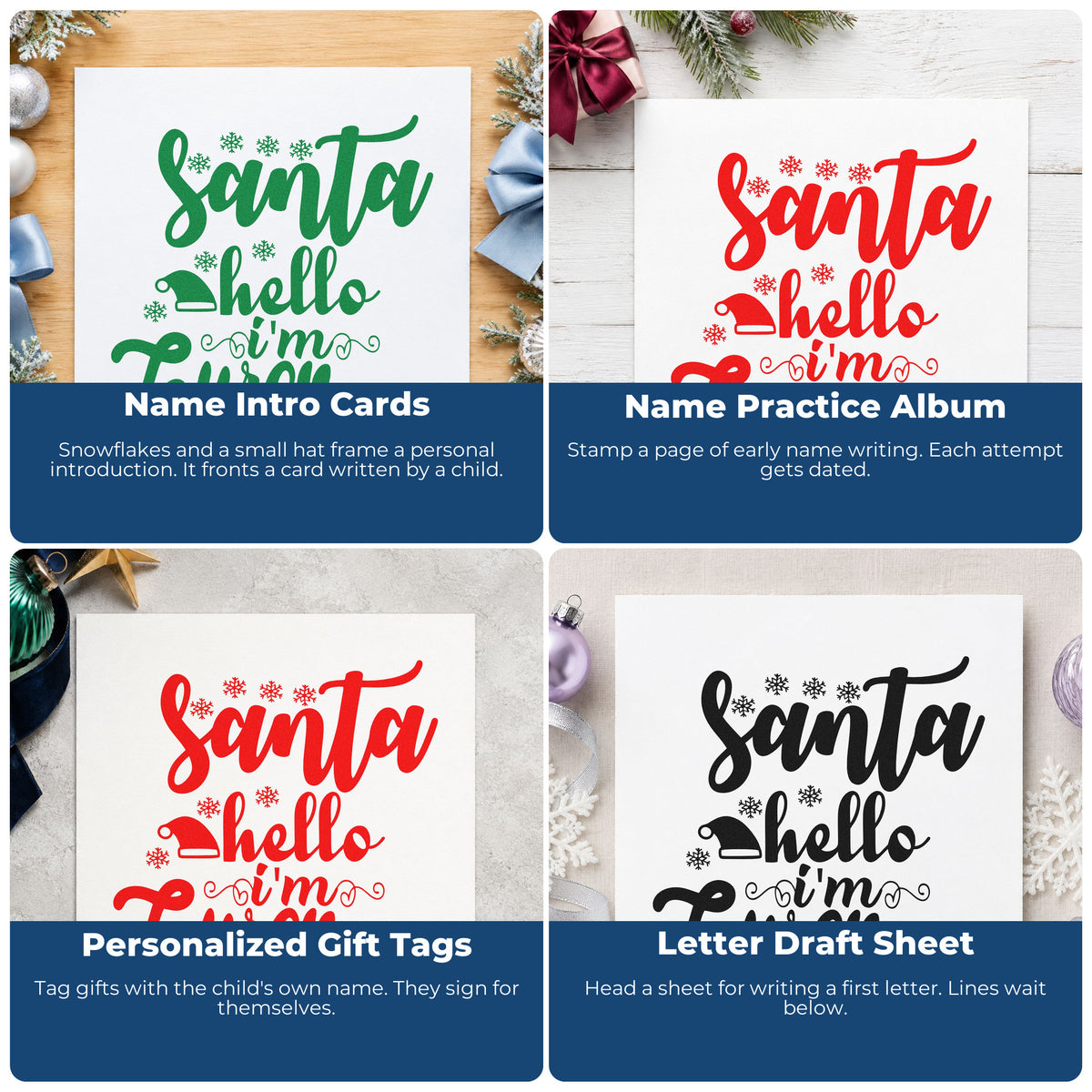 Four ways to use the Santa Hat With Hello I'm Lauren Wood-Mounted Rubber Stamp: name intro cards, name practice album, personalized gift tags and letter draft sheet.