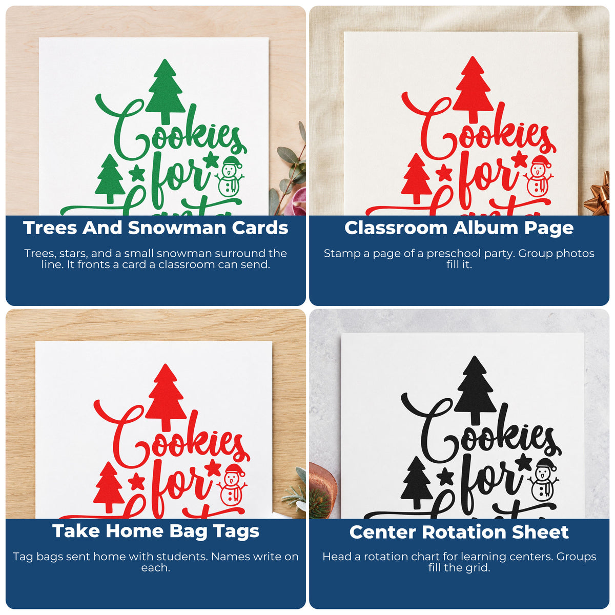 Four ways to use the Cookies For Santa Trees Premium Wood-Mounted Stamp - Vintage Pro: trees and snowman cards, classroom album page, take home bag tags and center rotation sheet.