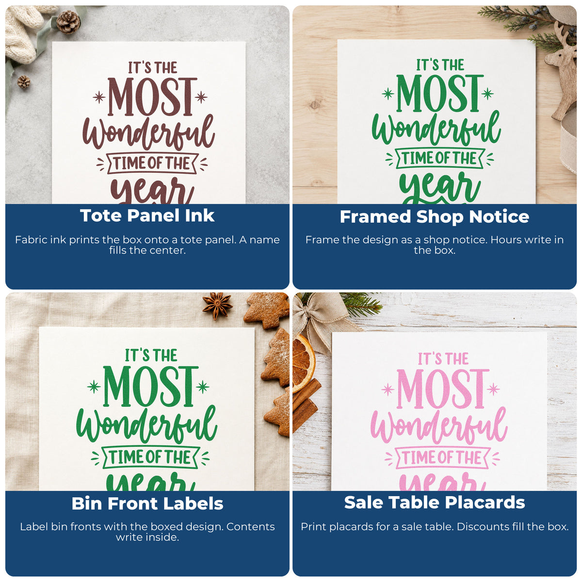 Four ways to use the It's The Most Wonderful Time Of The Year With Stars Hand Stamp – Duo: tote panel ink, framed shop notice, bin front labels and sale table placards.