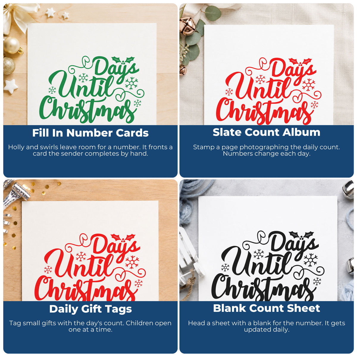 Four ways to use the Days Until Christmas Pre-Inked Stamp – Slim: fill in number cards, slate count album, daily gift tags and blank count sheet.