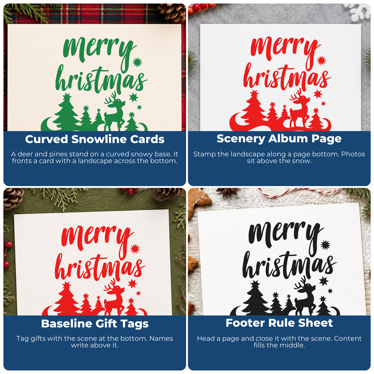 Four ways to use the Deer And Pines With Holiday Lettering Premium Wood-Mounted Stamp - Vintage Pro: curved snowline cards, scenery album page, baseline gift tags and footer rule sheet.