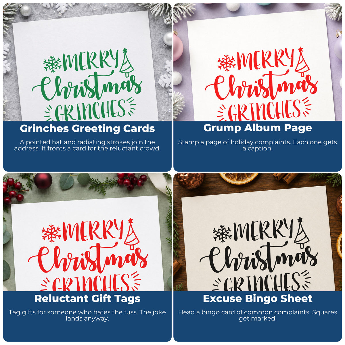 Four ways to use the Merry Christmas Grinches Snowflakes Pre-Inked Stamp – PSI: grinches greeting cards, grump album page, reluctant gift tags and excuse bingo sheet.