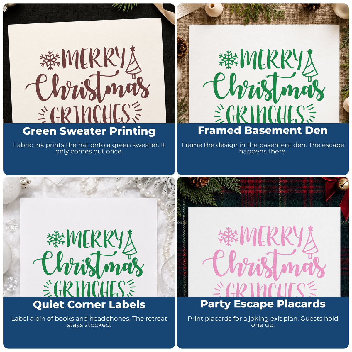 Four ways to use the Merry Christmas Grinches Snowflakes Rubber Stamp – Duo Hand: green sweater printing, framed basement den, quiet corner labels and party escape placards.