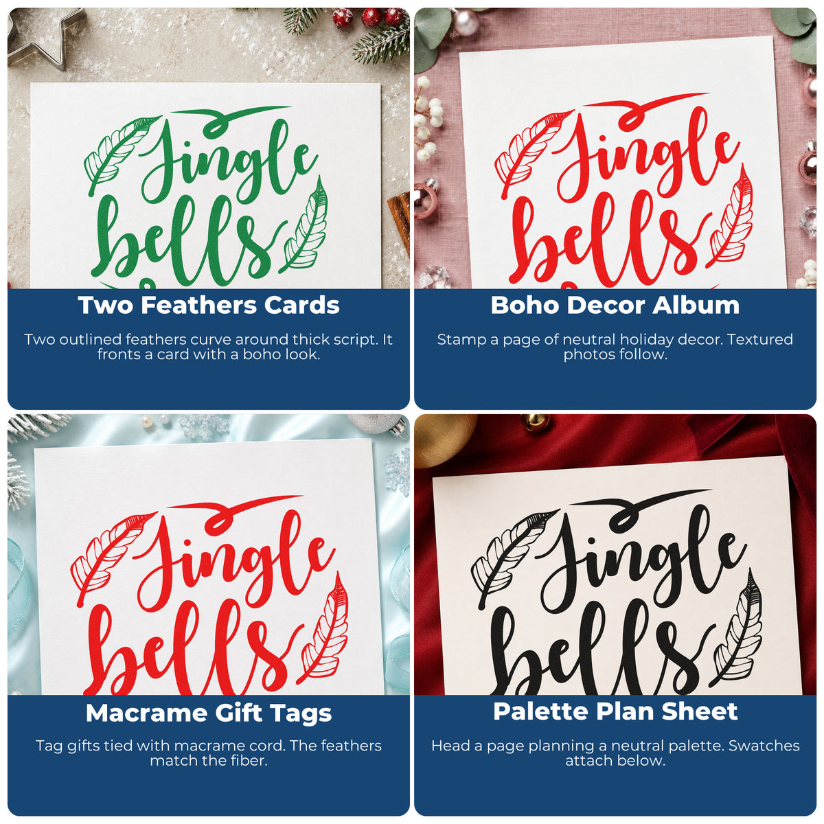 Four ways to use the Feather Accents With Jingle Bells Script Hand Stamp – Duo: two feathers cards, boho decor album, macrame gift tags and palette plan sheet.