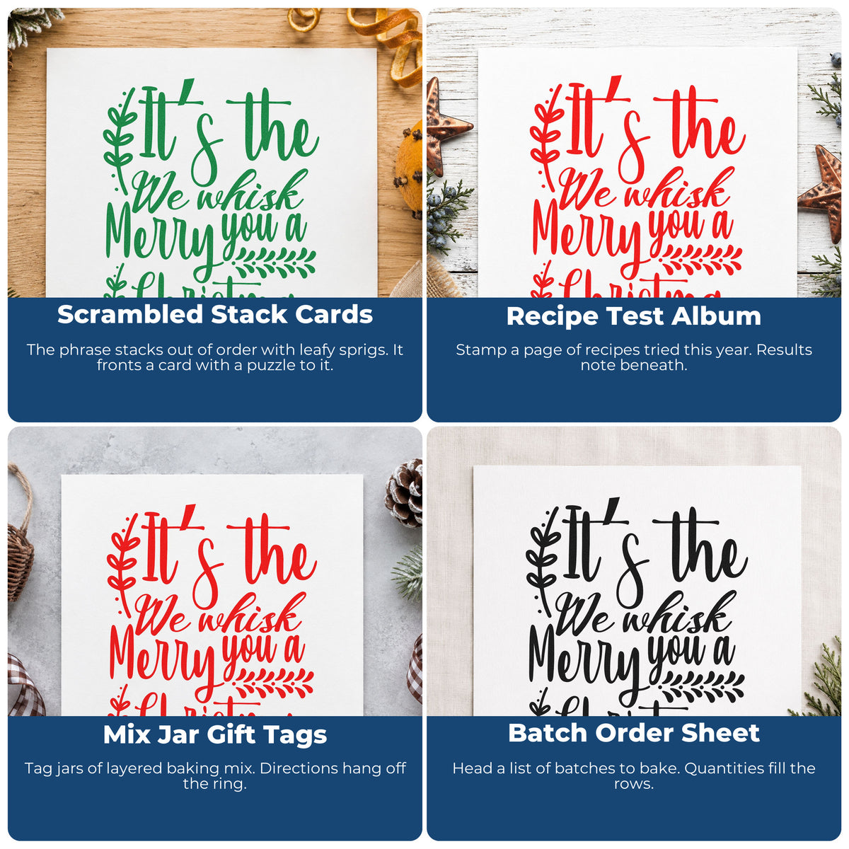 Four ways to use the We Whisk Merry Christmas Botanical Sprig Self-Inking Stamp: scrambled stack cards, recipe test album, mix jar gift tags and batch order sheet.