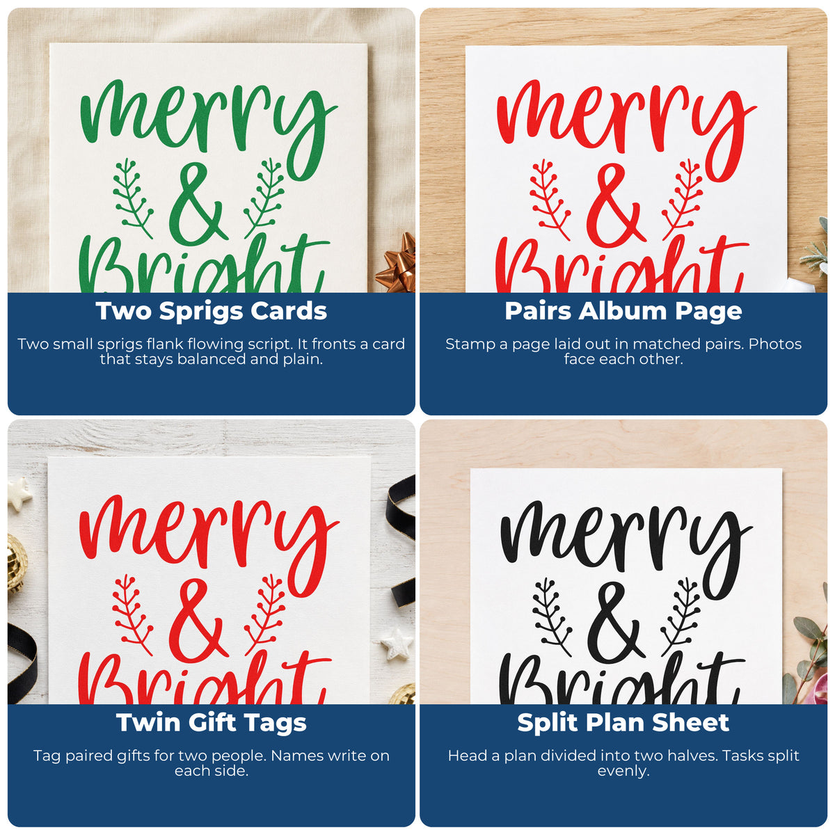 Four ways to use the Pre-Inked Merry And Bright Leafy Sprigs Stamp – PSI: two sprigs cards, pairs album page, twin gift tags and split plan sheet.