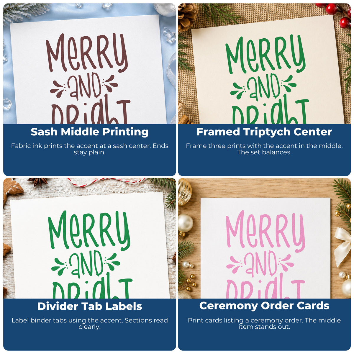 Four ways to use the Merry And Bright Tall Letters Lettering PSI Pre-Inked Stamp: sash middle printing, framed triptych center, divider tab labels and ceremony order cards.