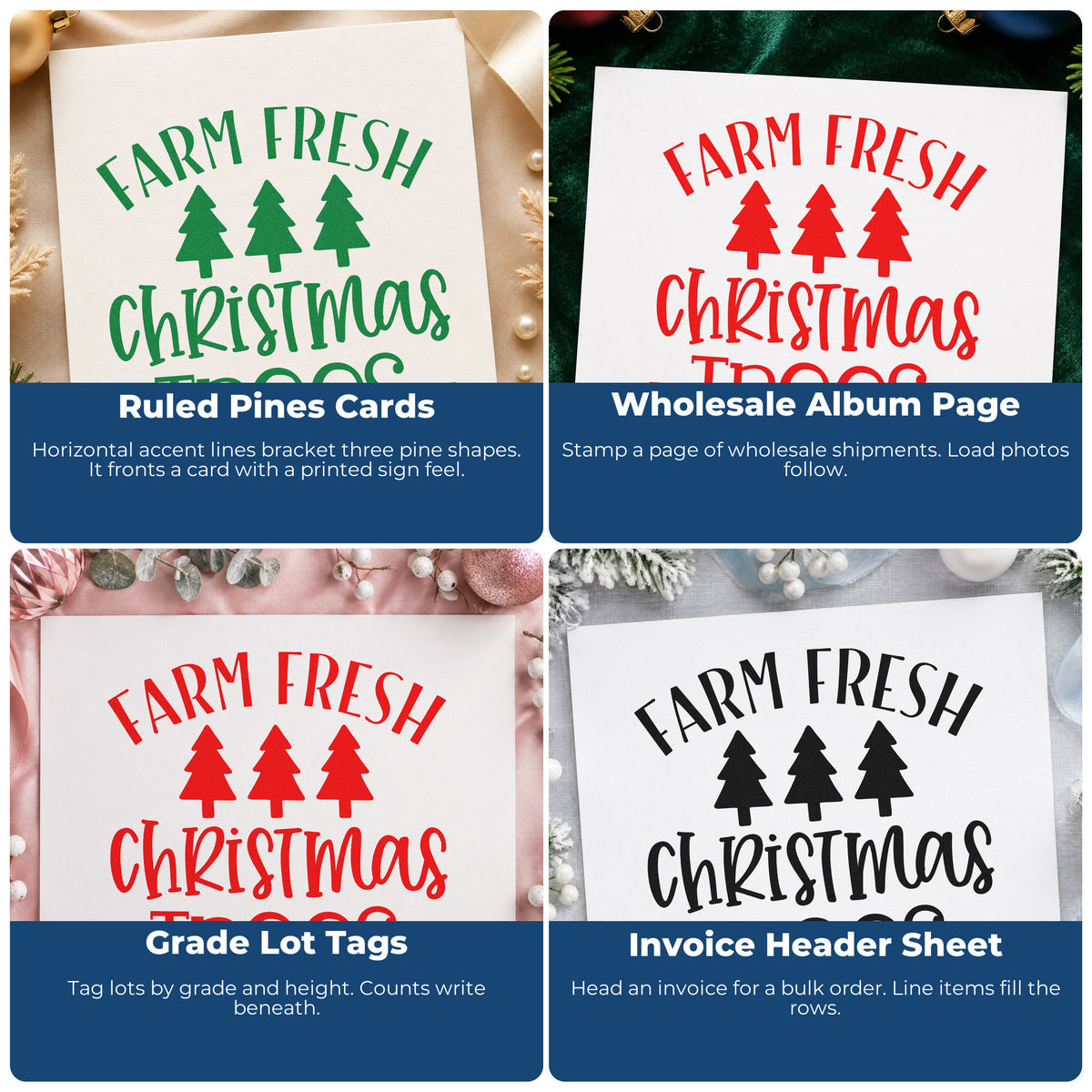 Four ways to use the Farm Fresh Christmas Trees Pine Trio Premium Wooden Stamp - Vintage Pro: ruled pines cards, wholesale album page, grade lot tags and invoice header sheet.