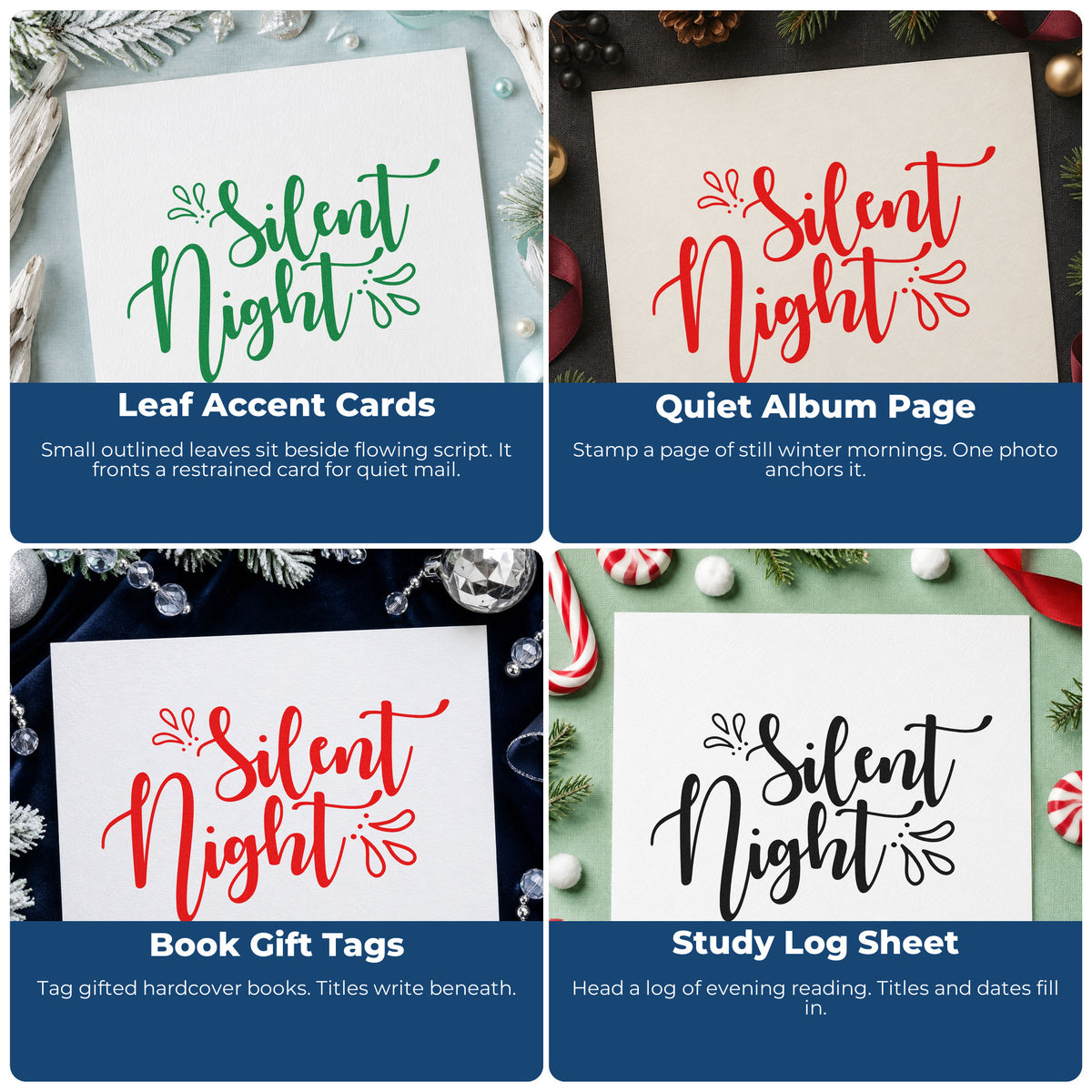 Four ways to use the Silent Night Leaf Accents Script Lettering Slim Pre-Inked Stamp: leaf accent cards, quiet album page, book gift tags and study log sheet.