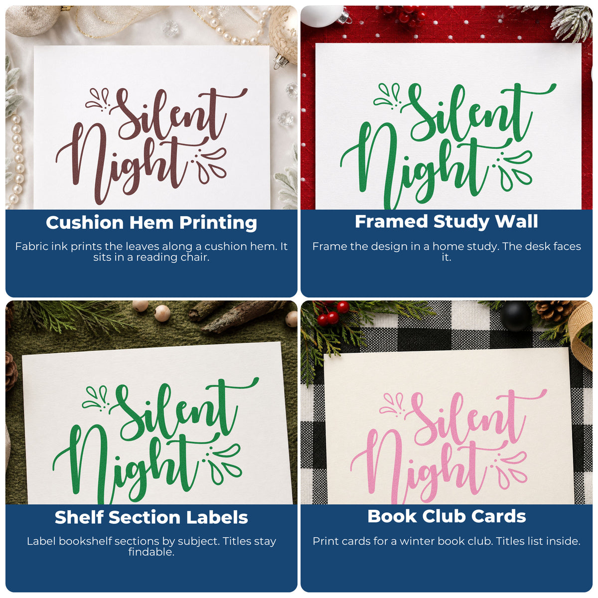 Four ways to use the Silent Night Leaf Accents Script Lettering Stamp – PSI Pre-Inked: cushion hem printing, framed study wall, shelf section labels and book club cards.