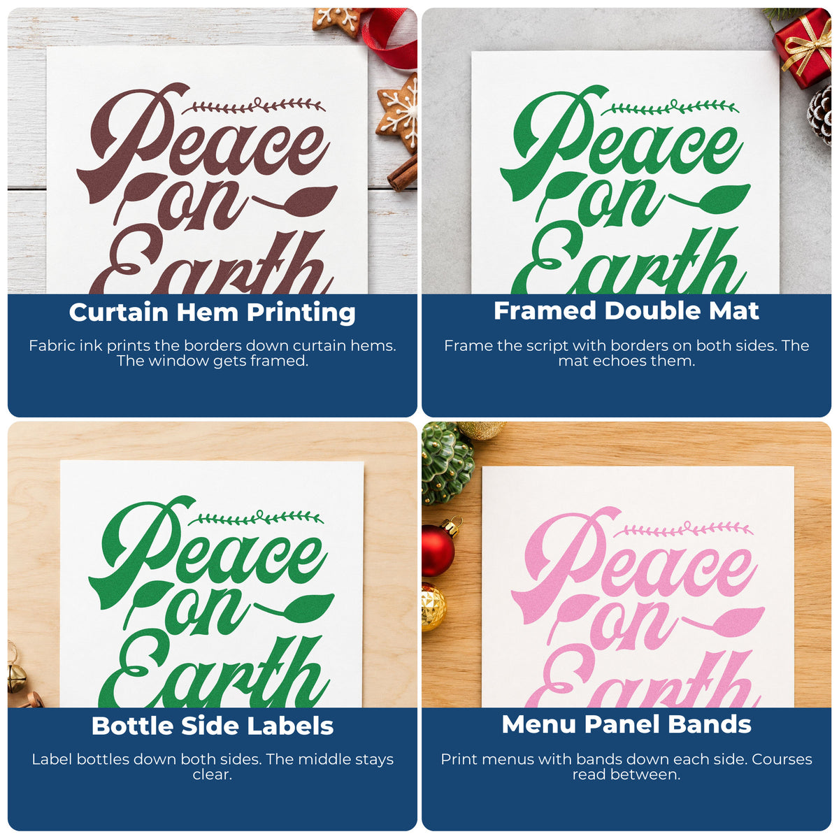 Four ways to use the Premium Wooden Peace On Earth Leaf Borders Stamp - Vintage Pro: curtain hem printing, framed double mat, bottle side labels and menu panel bands.