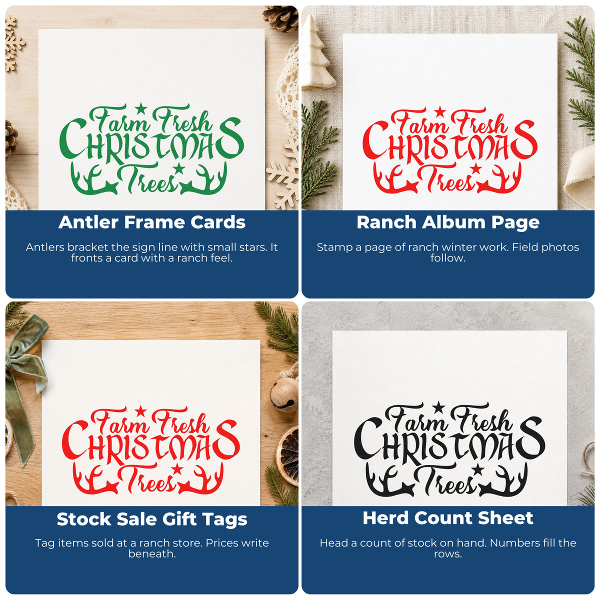 Four ways to use the Farm Fresh Christmas Trees Antlers Pre-Inked Stamp – Slim: antler frame cards, ranch album page, stock sale gift tags and herd count sheet.