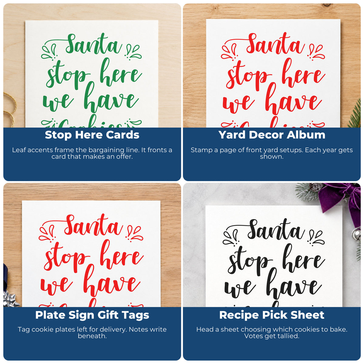 Four ways to use the Santa Stop Here Cookies Stamp – Wood Handle: stop here cards, yard decor album, plate sign gift tags and recipe pick sheet.
