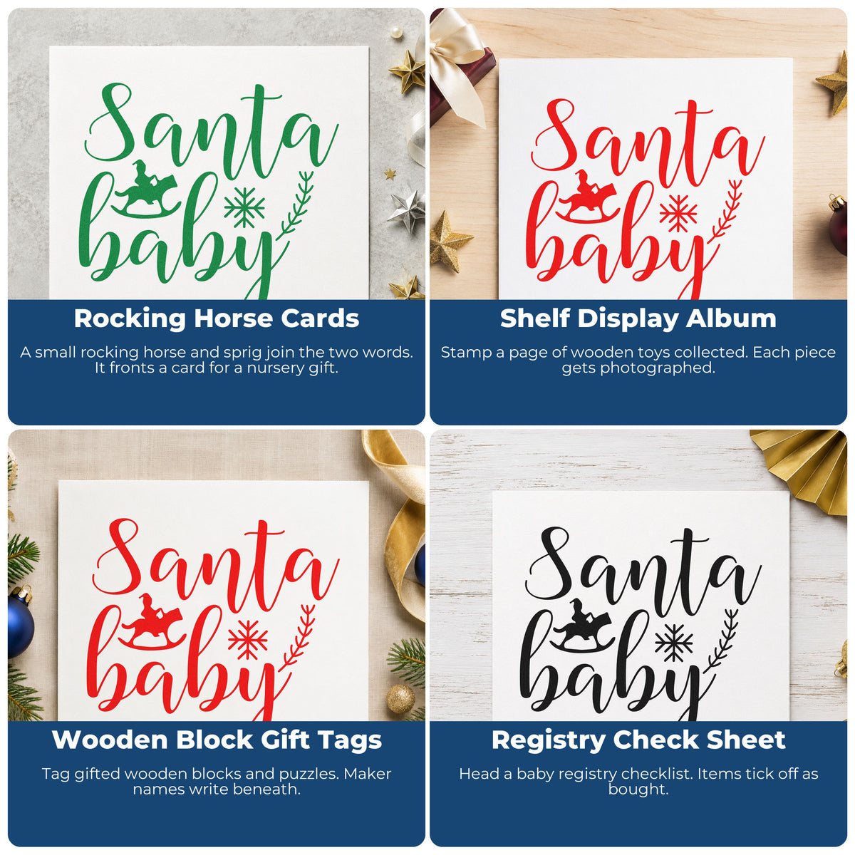 Four ways to use the Santa Baby Rocking Horse Rubber Stamp – Wood Handle: rocking horse cards, shelf display album, wooden block gift tags and registry check sheet.