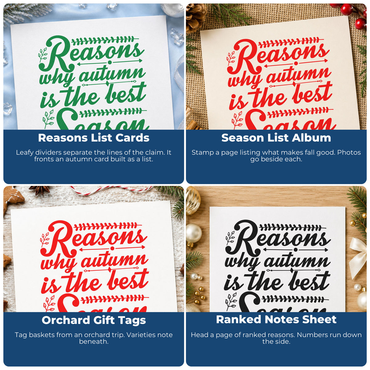 Four ways to use the Reasons Autumn Best Season Rubber Stamp – Duo Hand: reasons list cards, season list album, orchard gift tags and ranked notes sheet.