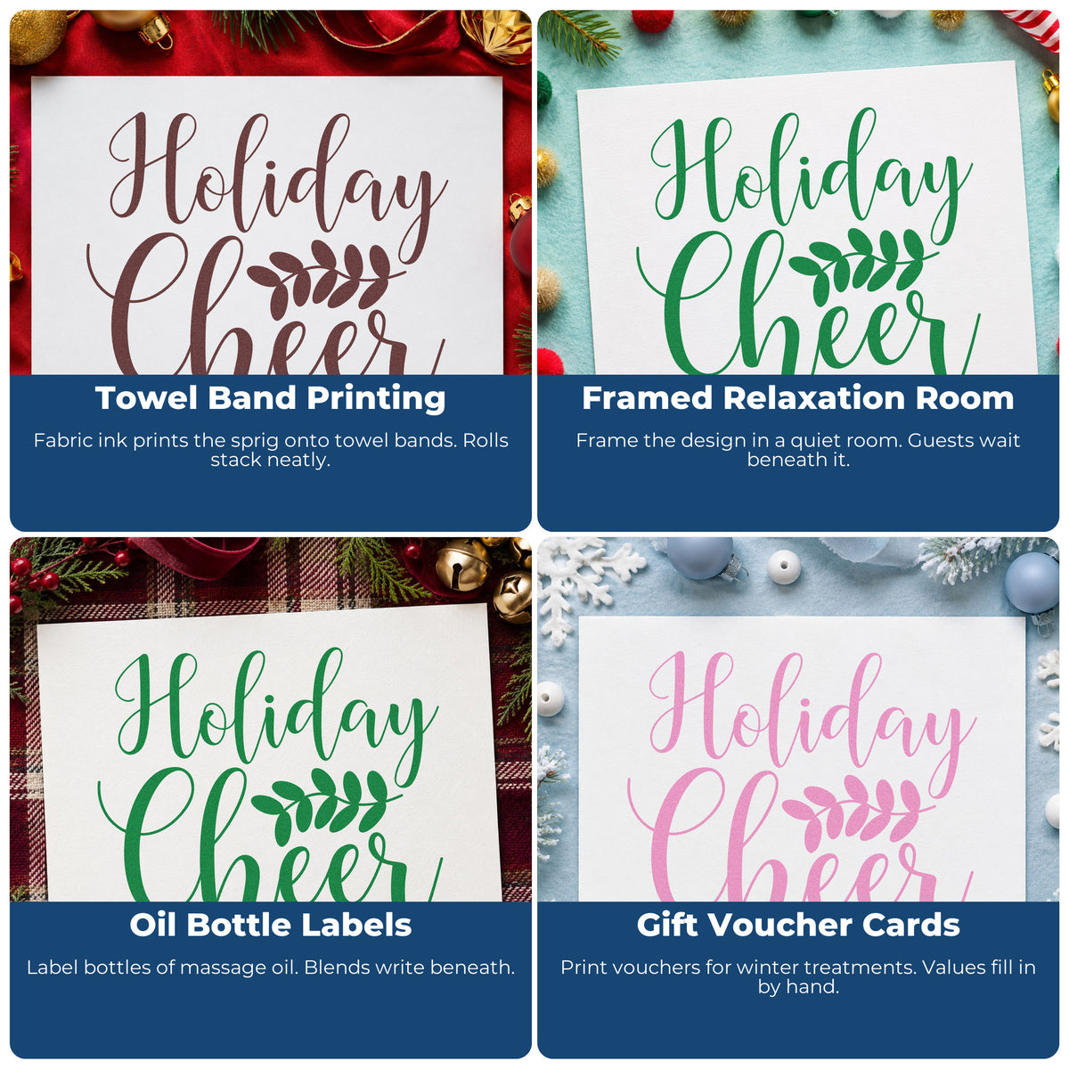Four ways to use the Holiday Cheer Leafy Sprig Script Lettering Compact Pre-Inked Stamp – Slim: towel band printing, framed relaxation room, oil bottle labels and gift voucher cards.