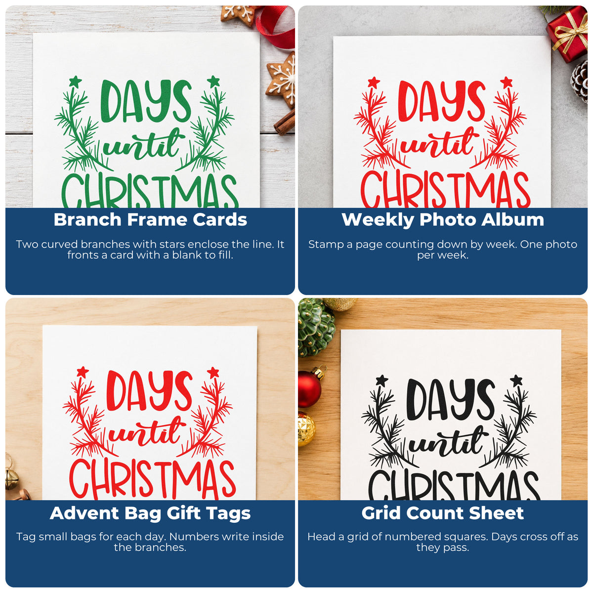 Four ways to use the Days Until Christmas Branches Pine Motif Stamp - Premium Vintage Pro Wooden: branch frame cards, weekly photo album, advent bag gift tags and grid count sheet.