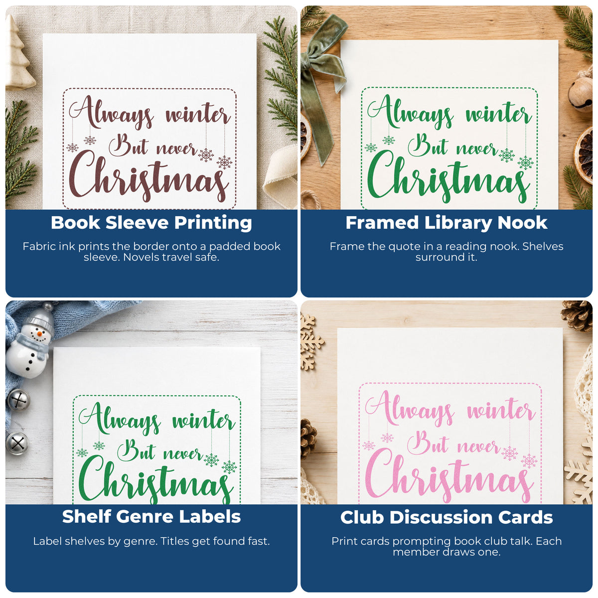 Four ways to use the Always Winter But Never Christmas Stamp – Slim Pre-Inked: book sleeve printing, framed library nook, shelf genre labels and club discussion cards.