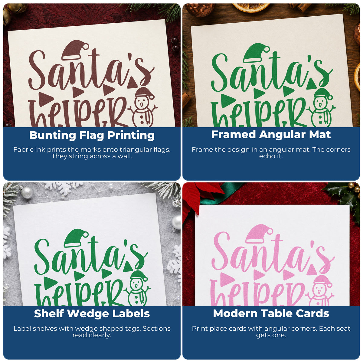 Four ways to use the Santa's Helper Snowman Premium Wood-Mounted Stamp - Vintage Pro: bunting flag printing, framed angular mat, shelf wedge labels and modern table cards.